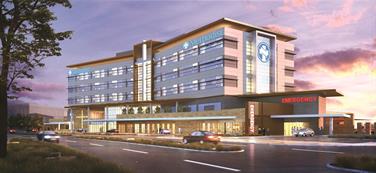 Architectural rendering of the outside of the Methodist Midlothian campus before construction as imagined at sunset